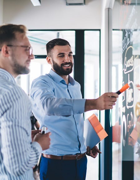 Zwei Prozessmanager brainstormen zur Prozessgestaltung an einem Whiteboard
