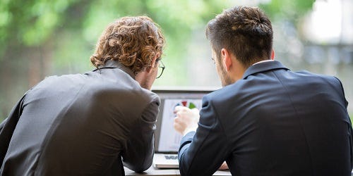 Umweltmanager lesen Fachinformationen auf dem Laptop